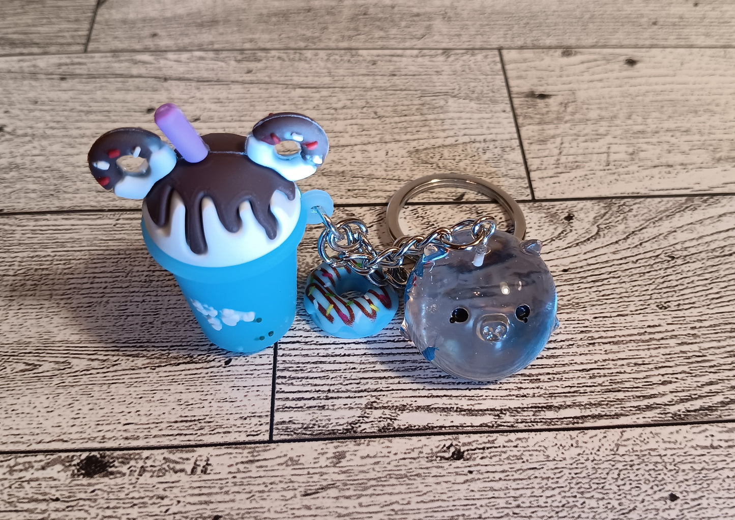 Clear Blue Flower Pig with Snacks Keychain