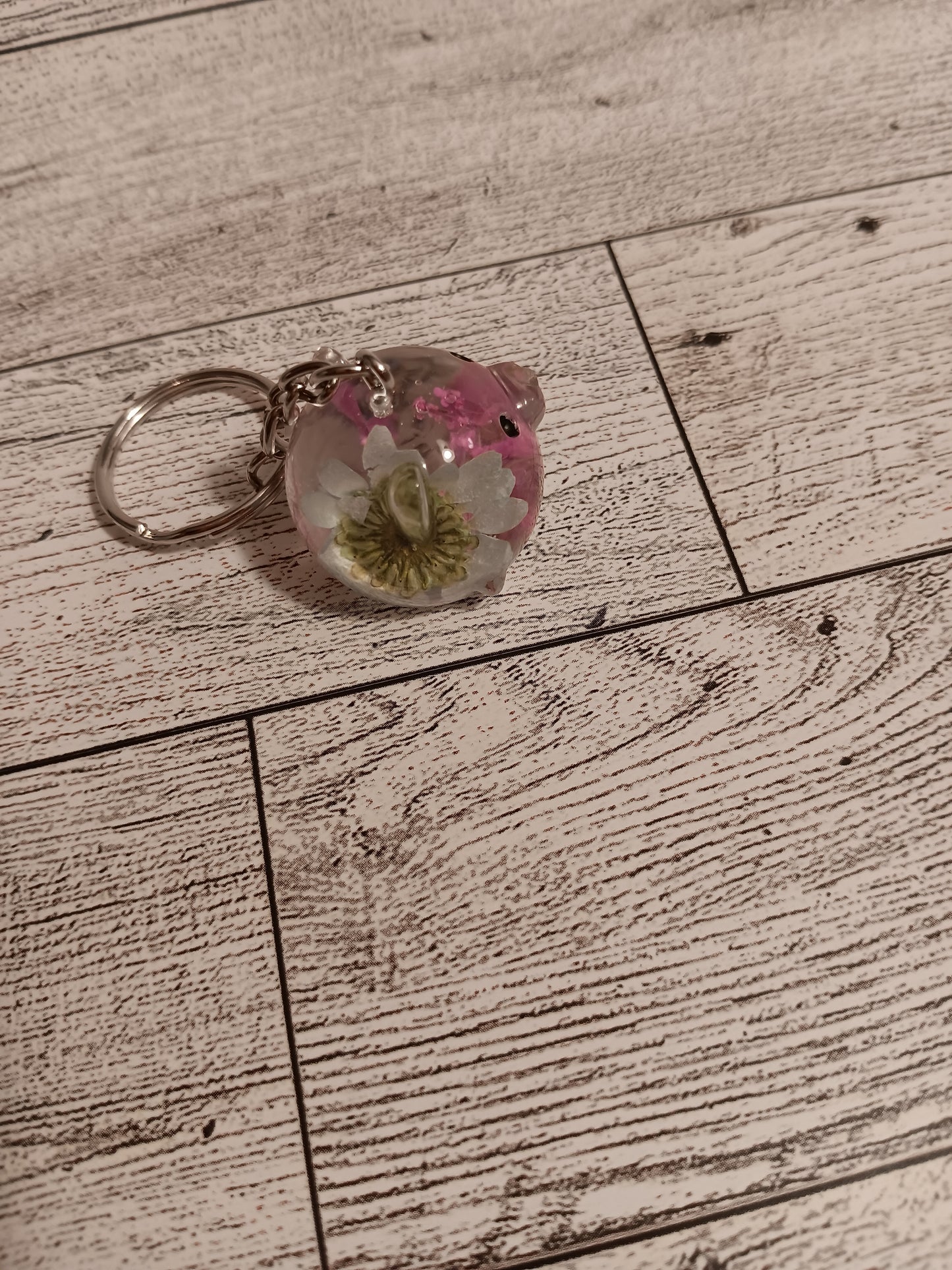 Clear White and Pink Flower Bear Keychain