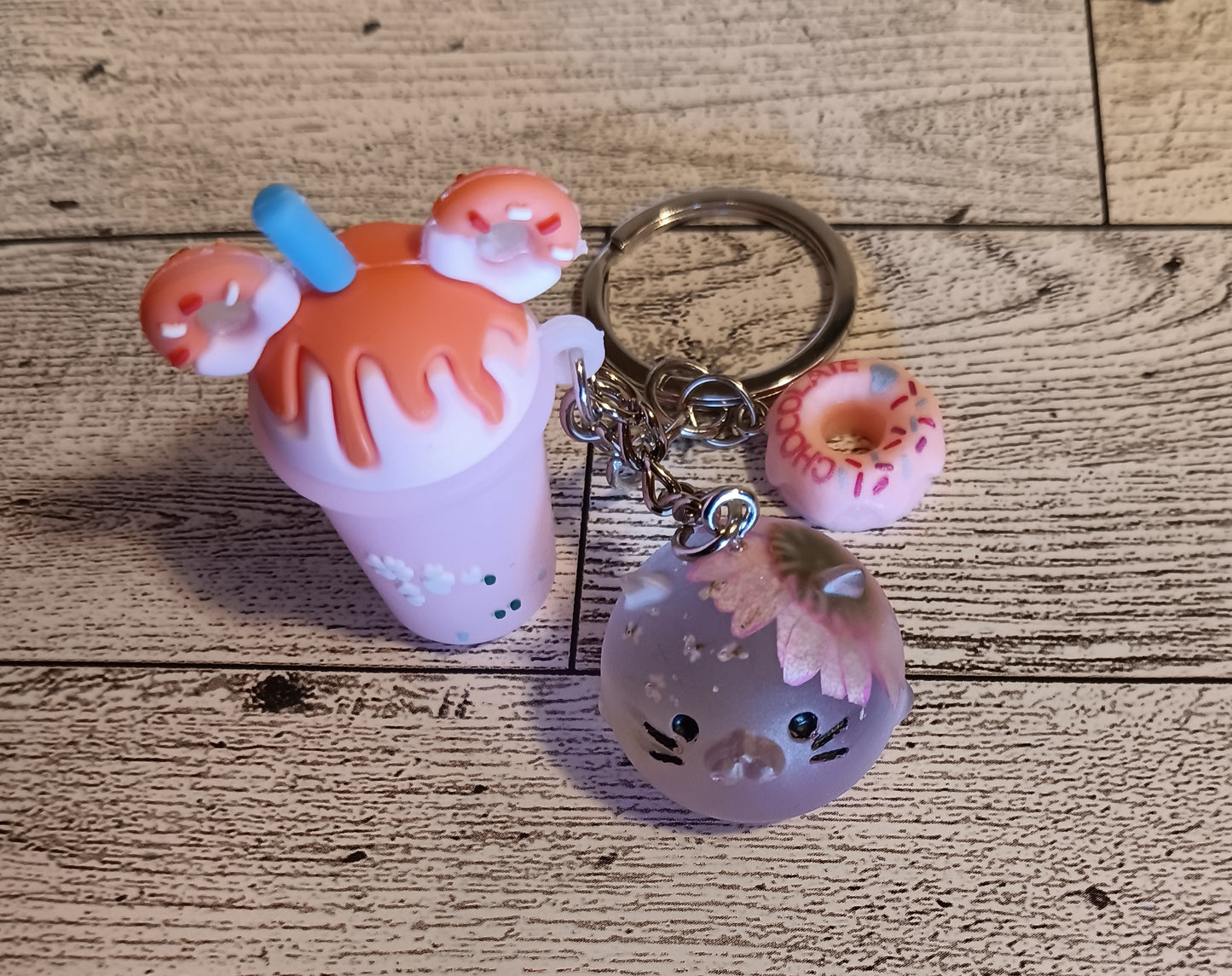 Pink Flower Cat with Snacks Keychain