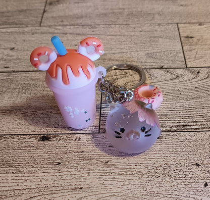 Pink Flower Cat with Snacks Keychain