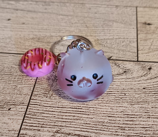 Pink flower Frosted Cat Donut Keychain